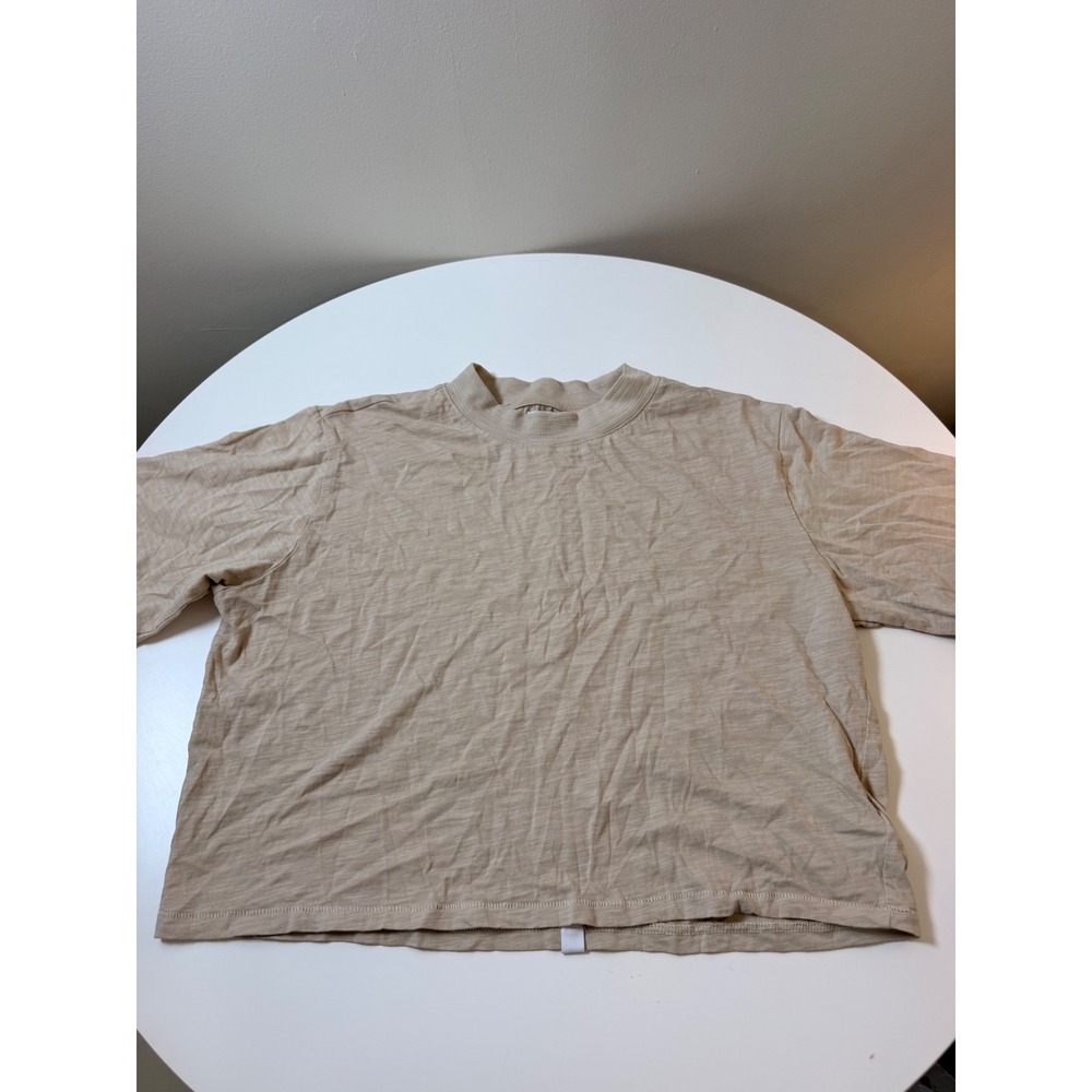 The Drop T-Shirt Women Medium Tan Excellent Mock Neck Slub Knit Cropped Boxy Tee